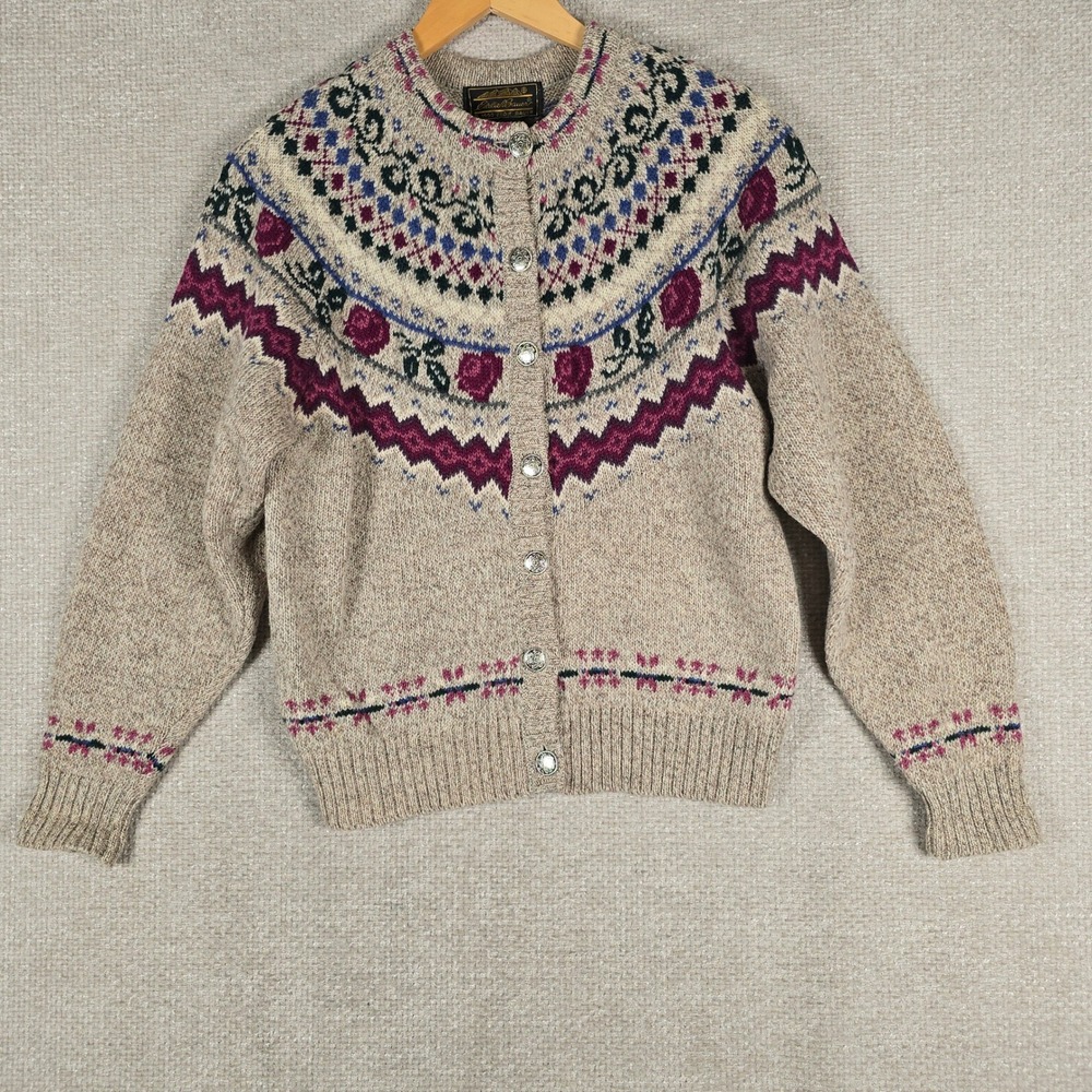 VTG 90s Eddie Bauer Womens M Wool Fair Isle Cardigan Sweater Metal Pewter Button